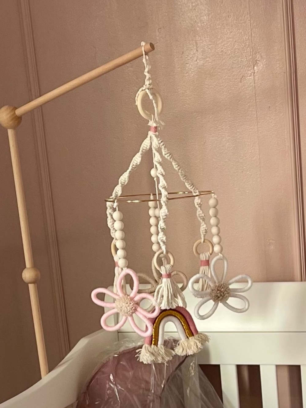 Neutral & Pink Macramé Baby Mobile with Rainbow and Flower Accents